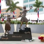 Bronze public art statue of two life size women star