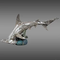 bronze animal sculpture of a hammerhead shark