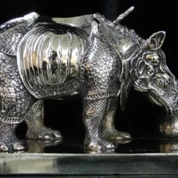 stainless steel, aluminum, silver rhino animal scultpure